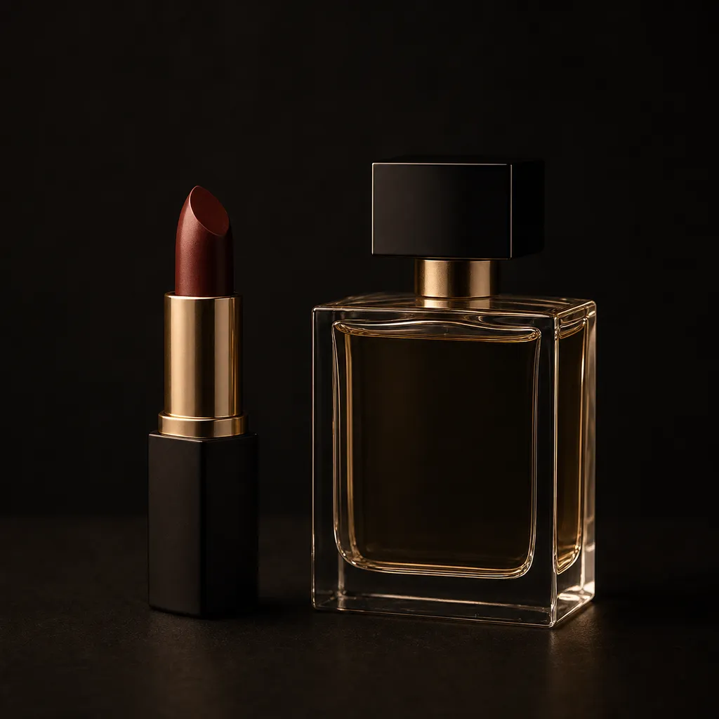 An open lipstick tube and a perfume bottle, lit low and warm against a dark backdrop.