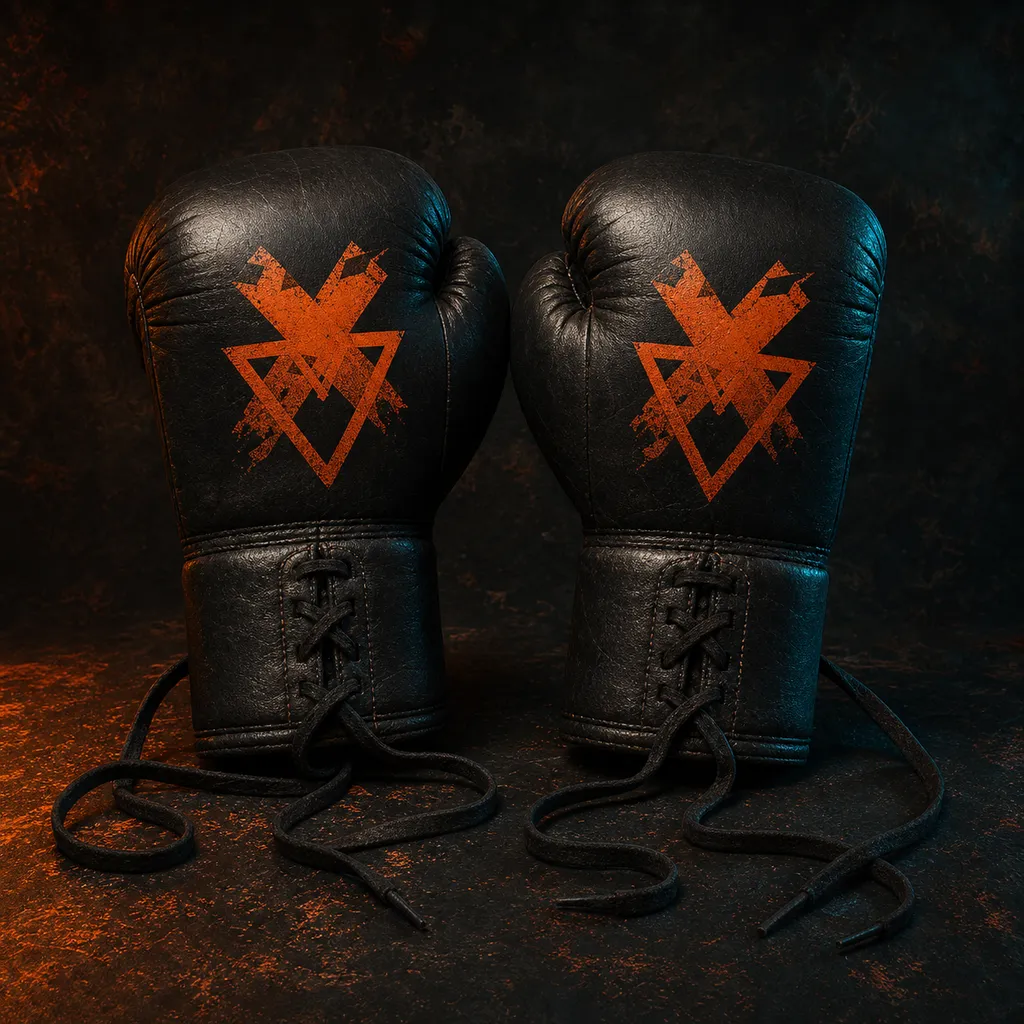 A pair of matte black leather boxing gloves with laces trailing and the D Mothership sigil stamped in ember-orange on the knuckle of each glove.