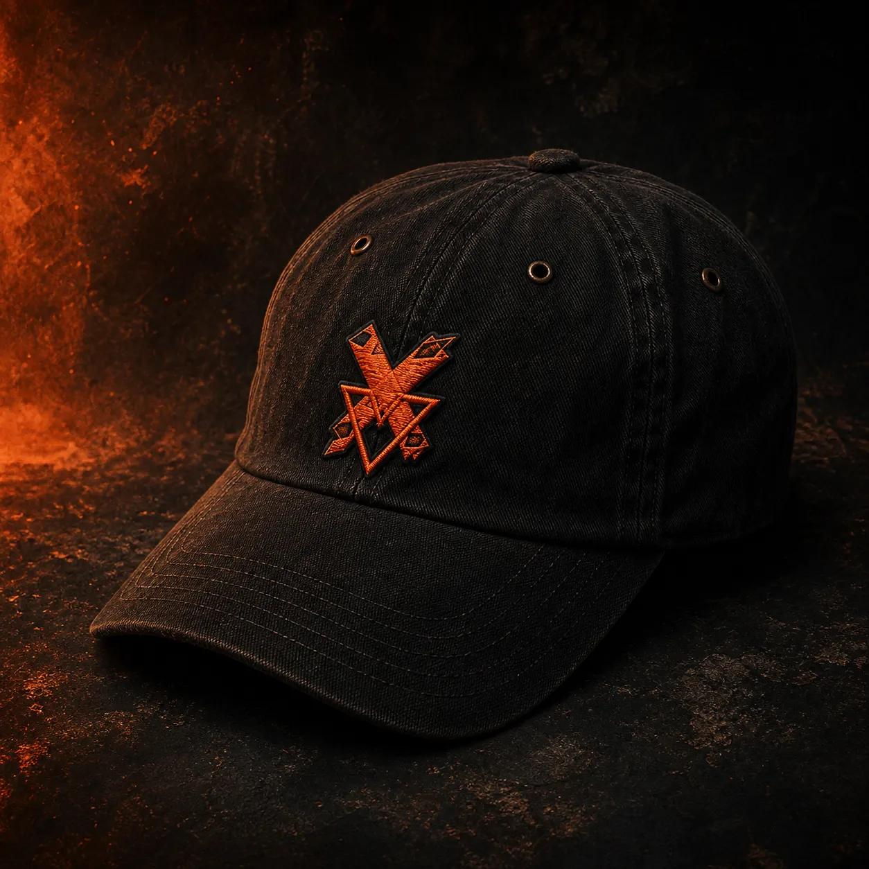 Worn black six-panel cap with a woven ember sigil on the front, on a dark surface.