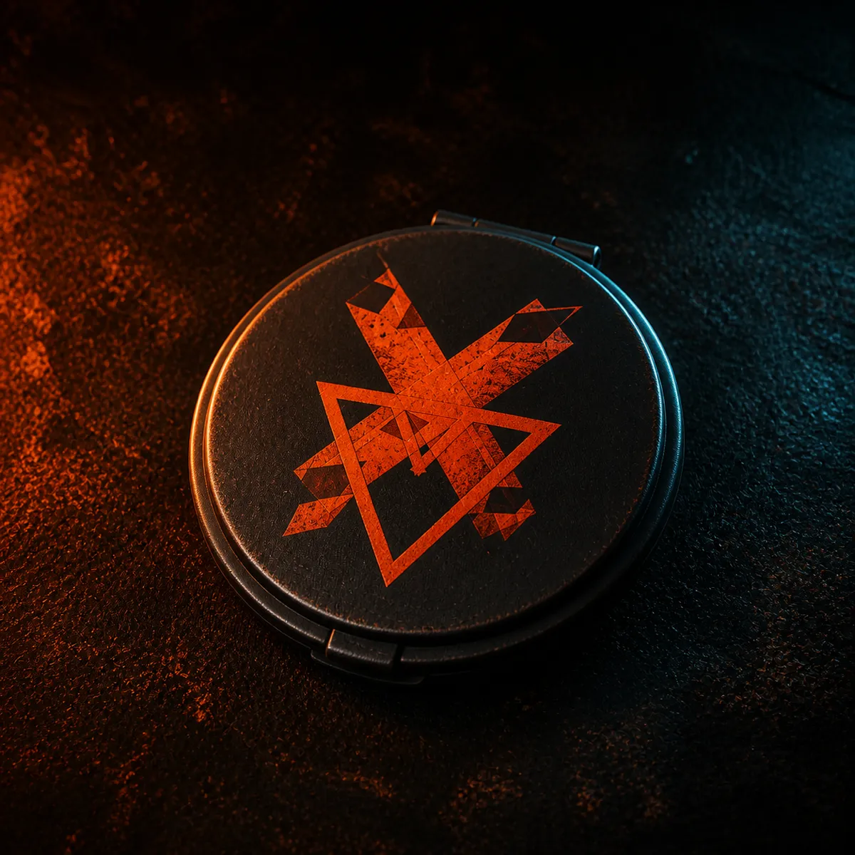 A matte black compact mirror case on a dark surface with the D Mothership sigil stamped in distressed ember-orange on the lid.