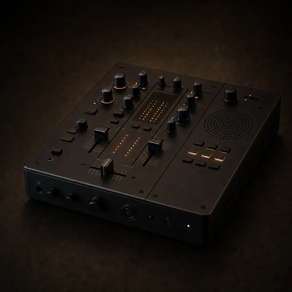 A portable stereo DJ mixer with knobs and faders and a built-in speaker, lit low and warm against a dark backdrop.