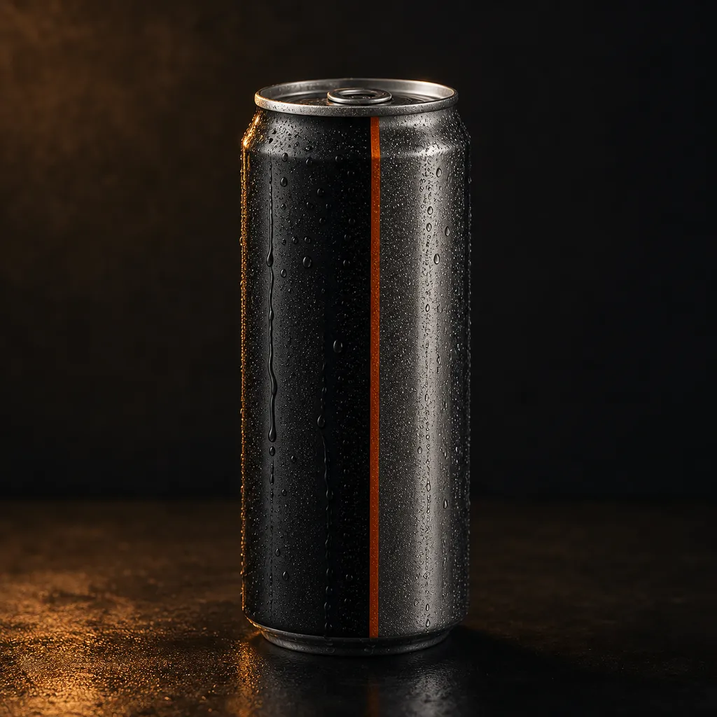 A metallic energy drink can beaded with condensation, lit low and warm against a dark backdrop.