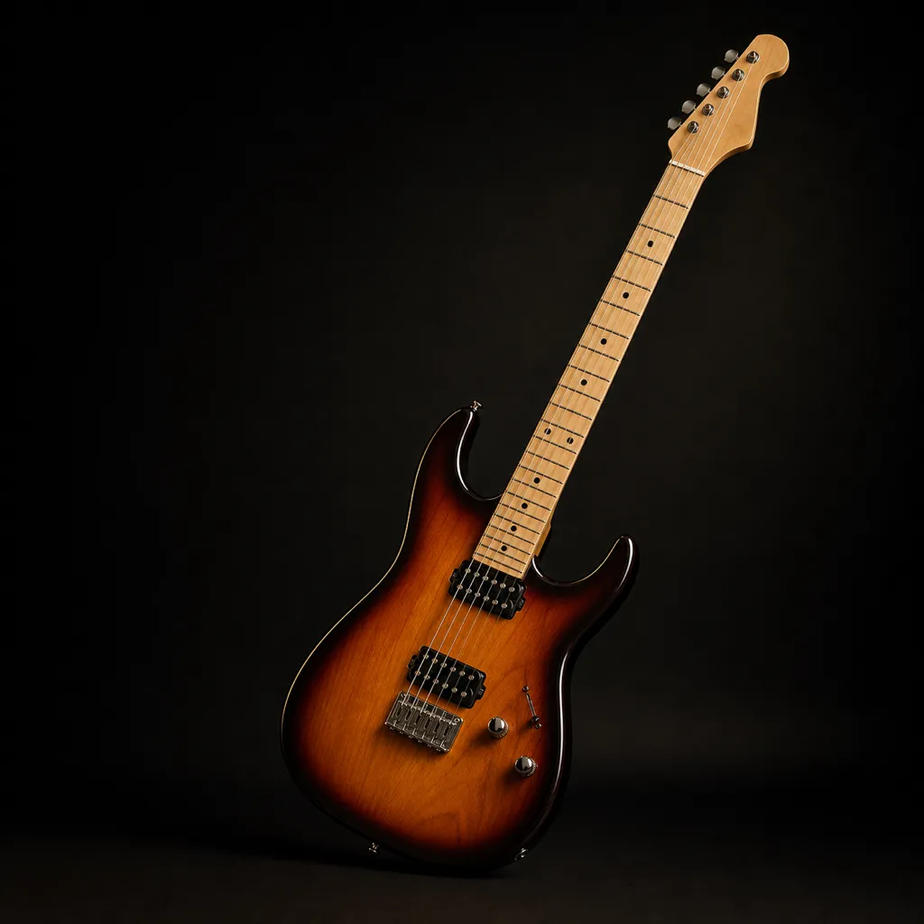 A sunburst-finish solid-body electric guitar with a maple neck, lit low and warm against a dark backdrop.