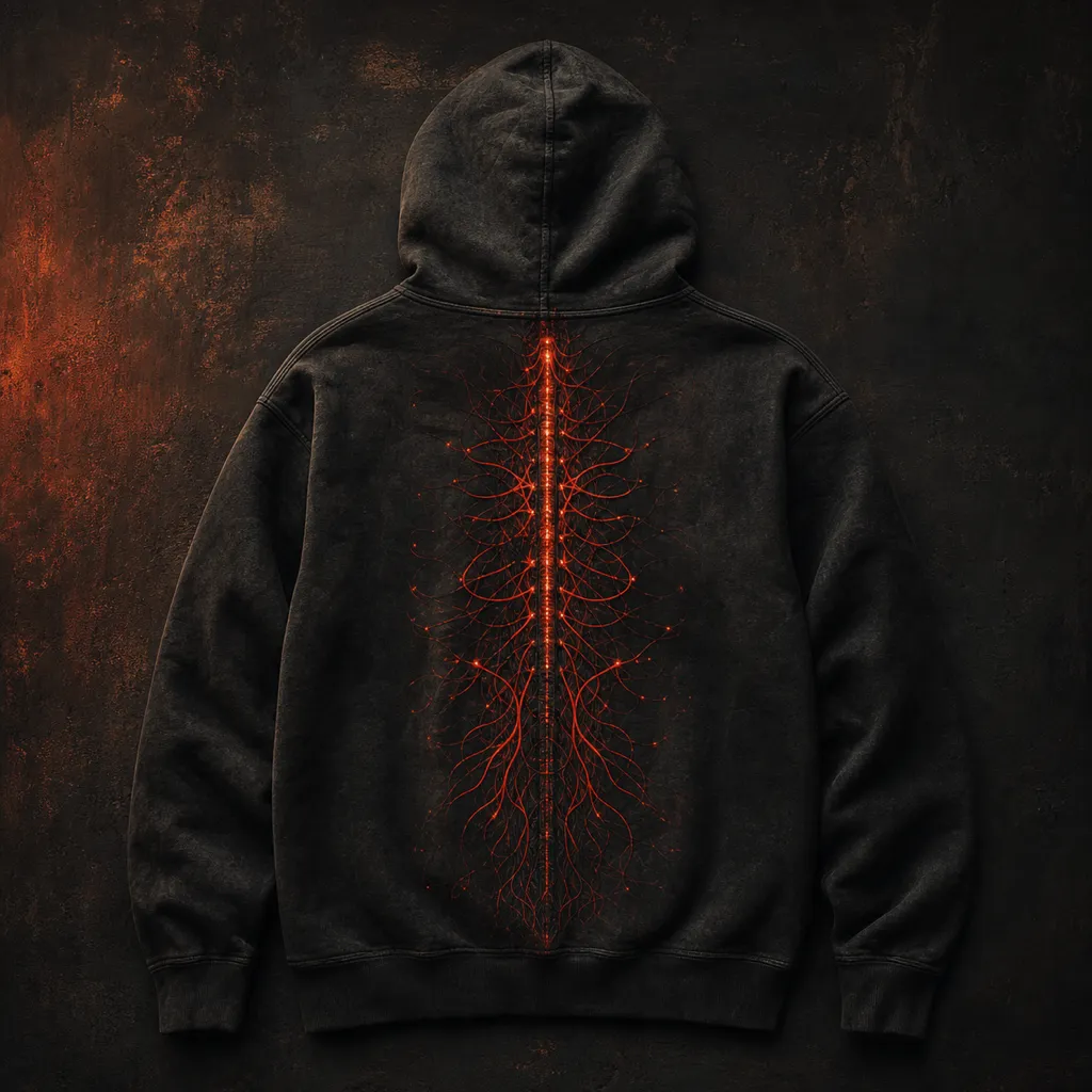 Dark hooded sweatshirt photographed from the back showing a glowing red neural-cable graphic running down the spine.