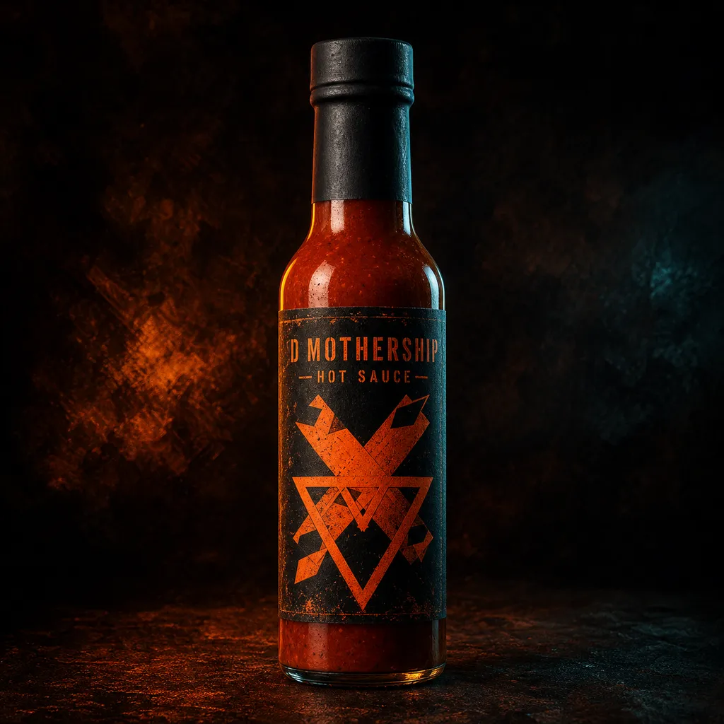 A tall glass bottle of deep ember-red hot sauce with a matte black cap and a dark distressed label carrying the D Mothership sigil in ember-orange.