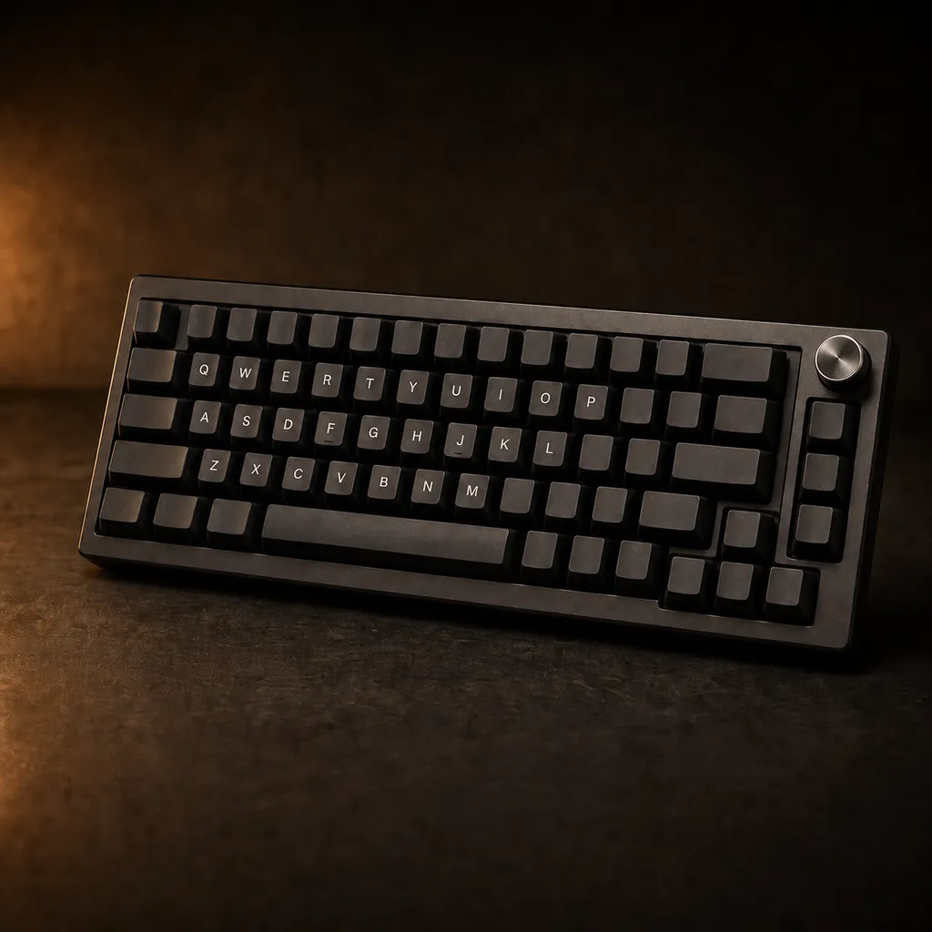 A mechanical keyboard with keycaps and a volume knob, lit low and warm against a dark backdrop.