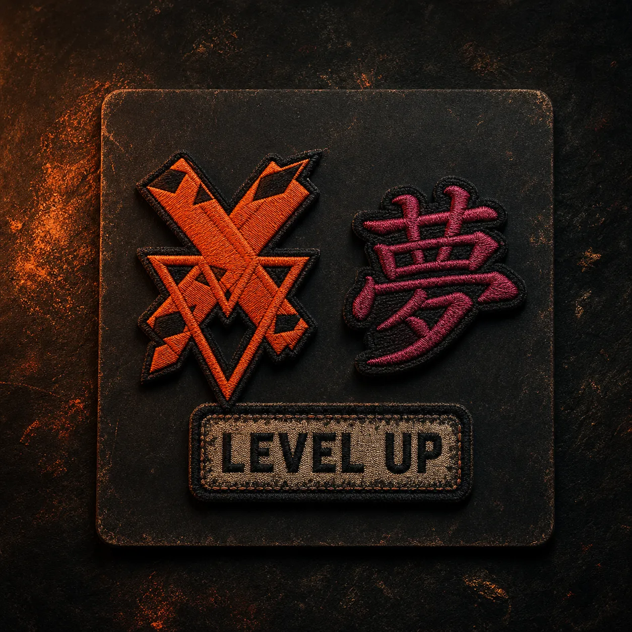 Three embroidered iron-on patches on backing card: an ember sigil, a magenta kanji, and a faded Level Up decal.
