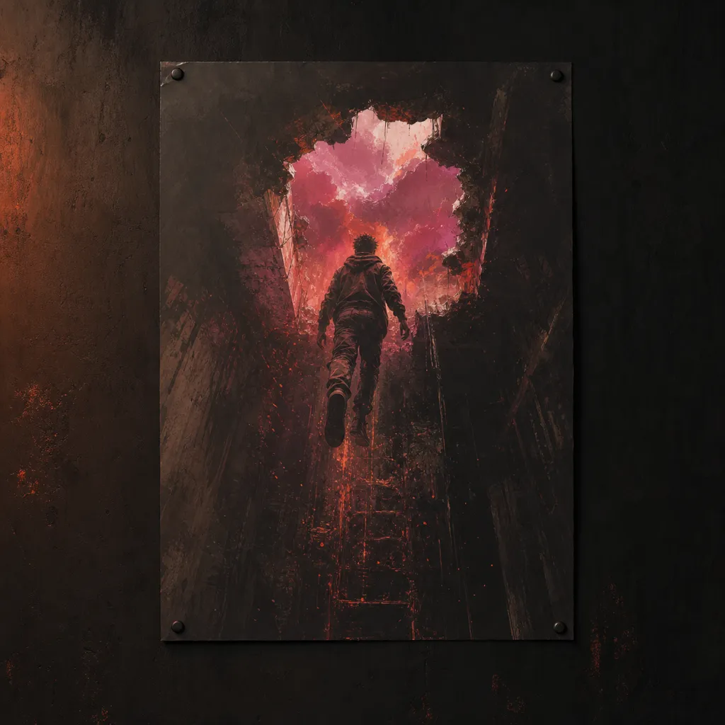 A2 art print of a hand-painted figure ascending through a torn ceiling portal, ember and magenta light, pinned to a dark wall.