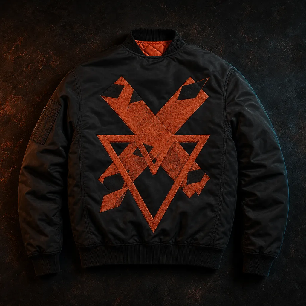Matte black D Mothership bomber jacket with an ember-orange quilted lining and the sigil embroidered across the back panel.