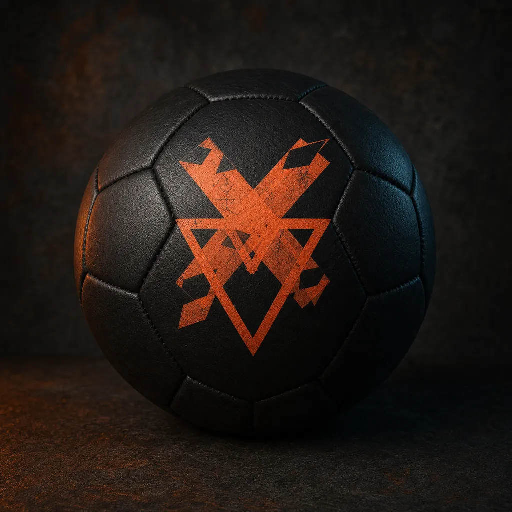 A matte black leather soccer ball with the D Mothership sigil stencilled in distressed ember-orange on one panel, lit low and warm.