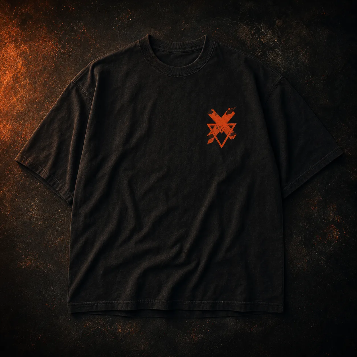 Matte black heavyweight t-shirt with a distressed ember sigil on the chest, lit low and warm.