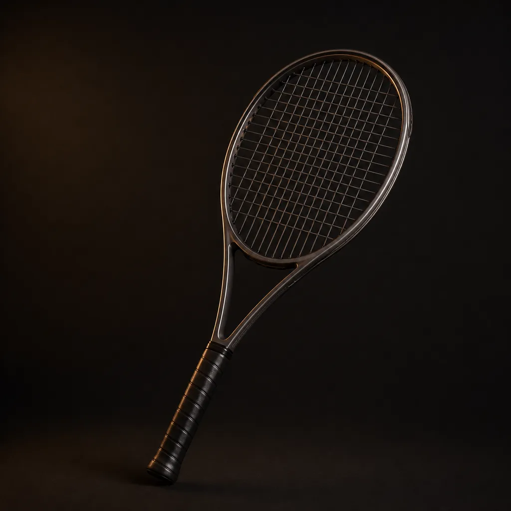 A graphite tennis racket, strung and grip-taped, lit low and warm against a dark backdrop.